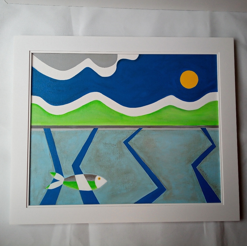 Original Acrylic Painting with Fish, White Frame